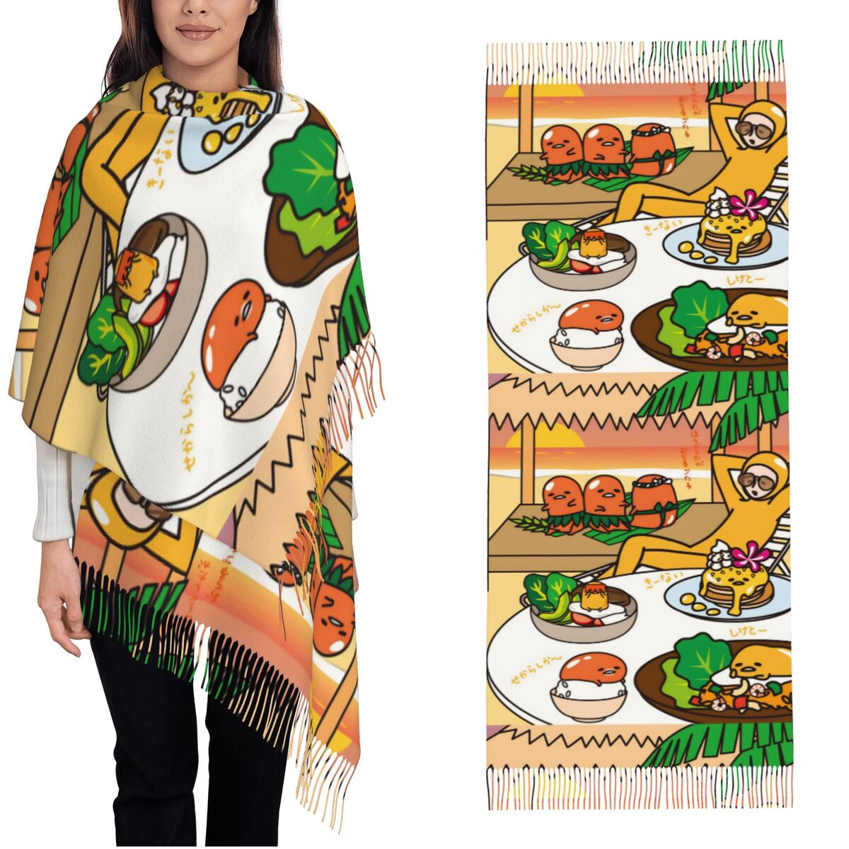 Pashmina Wrap Large - Szal damski z frędzlami Gudetama, uroczy,